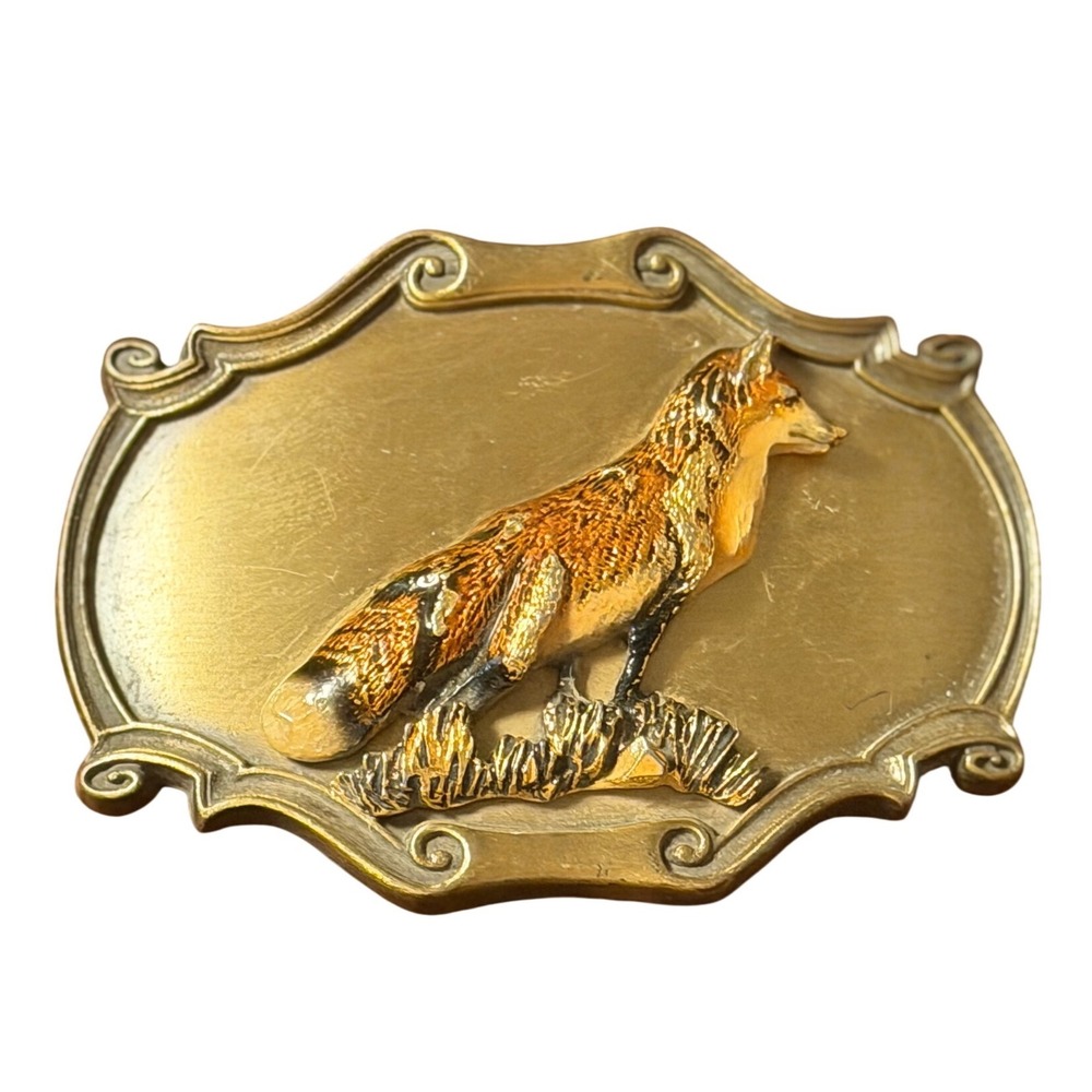 Vtg‎ 1980 Raintree Red Fox Belt Buckle Brass Tone Wildlife 3D Relief Scalloped